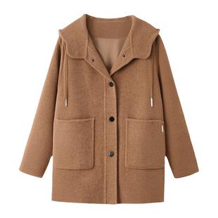 采多宝大码女装胖mm2025冬季学院风连帽双面呢抽绳透气大衣外套