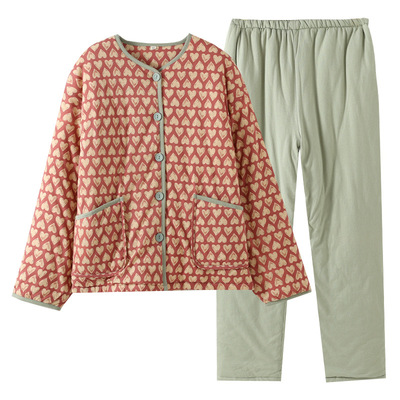 纯棉爱心三层夹棉睡衣女秋冬季加厚保暖棉袄家居服套装可外穿