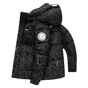 鸭鸭冬季连帽短款羽绒服男户外时尚迷彩面包服男女同款保暖外套