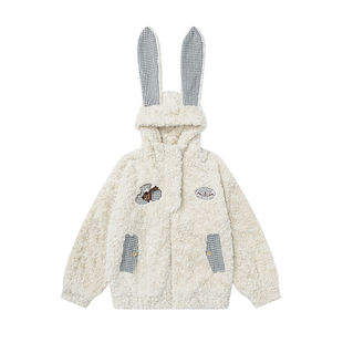 TUDOU土豆猫可爱兔耳朵羊羔毛加绒外套女2025新款秋冬毛茸茸棉服