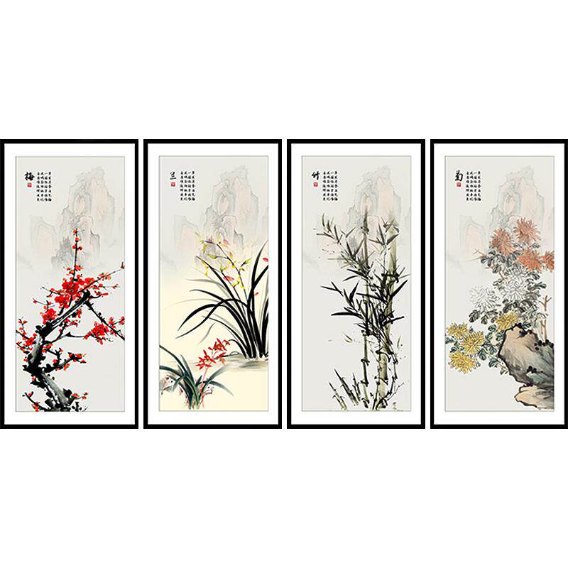 梅兰竹菊现代中式风玄关竖版挂画