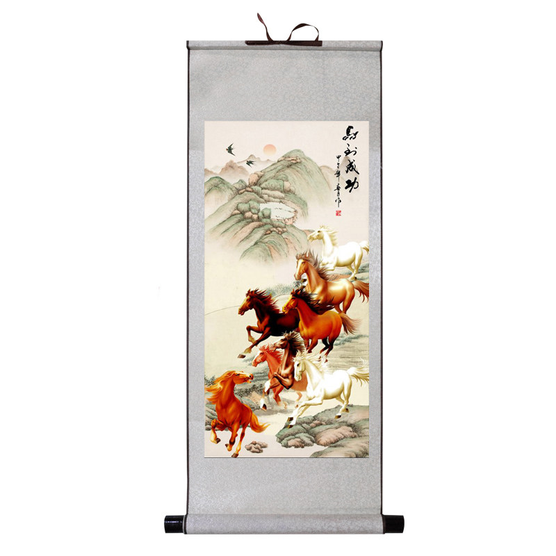 入户玄关竖版国画万马奔腾八骏图