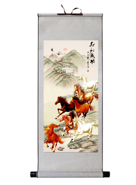 入户玄关竖版国画万马奔腾八骏图