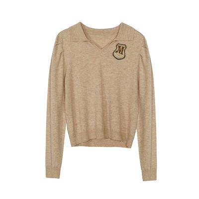 谜底套头针织衫女春季新款学院风翻领短款修身毛衫241MZ0360