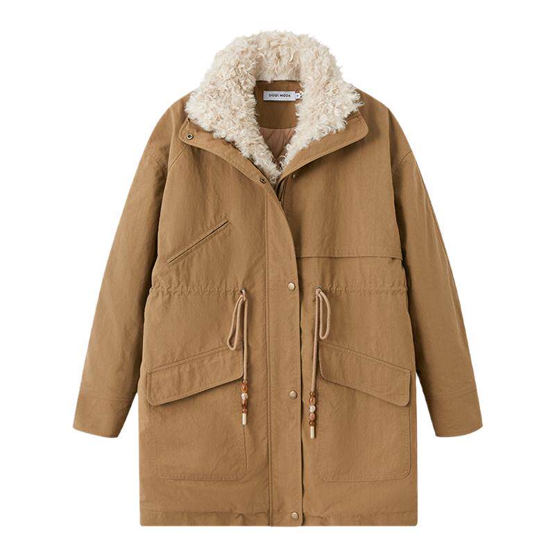 DIDDIMODA 宽松休闲百搭简约舒适长款毛领派克服棉服女款冬季