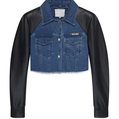 REVAN芮范设计师款潮酷感牛仔拼皮外套RN70109215