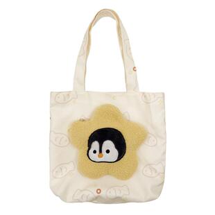 大容量帆布单肩包组合款可爱小企鹅毛绒斜挎包学生上课托特包礼物