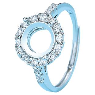 网红直播爆款镀银戒指空托diy镶嵌圆形尖底华子平底翡翠戒托饰品