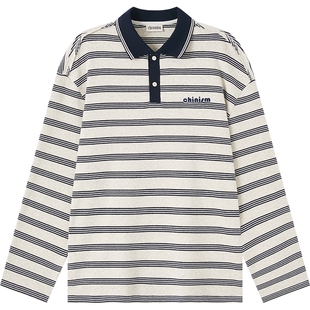 CHINISM丨310G重磅条纹polo衫男2026春季撞色长袖T恤/CXHC13H5044