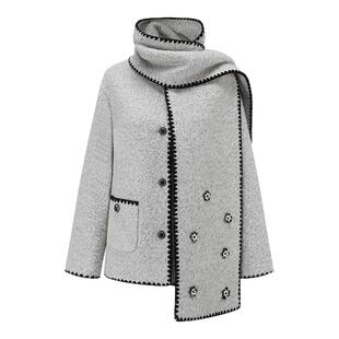 SHRO ENRO 秋冬新款女士手工订花V领围巾羊毛外套银泰百货 301469