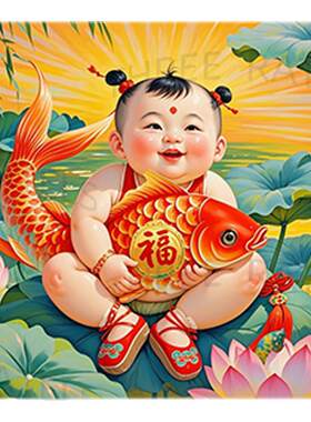 中国风吉祥好运锦鲤娃娃贴画福娃年画娃娃自贴家居墙上贴墙门贴画