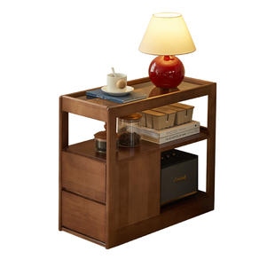 实木边柜胡桃木色家用可移动边几小茶几中式多功能沙发边柜茶水柜