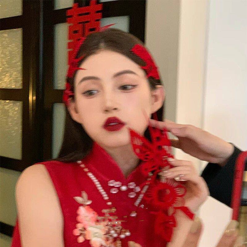 新中式新娘头饰红色喜鹊剪纸国风复古旗袍敬酒服造型结婚礼服发饰