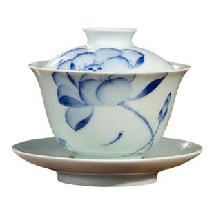 三勤堂荷花盖碗手绘青花功夫茶具薄胎单个高档中式茶杯陶瓷泡茶碗