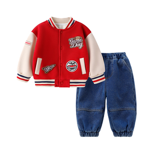 儿童套装加厚绒婴儿秋冬款男宝宝棒球服外套冬装男童牛仔裤两件套