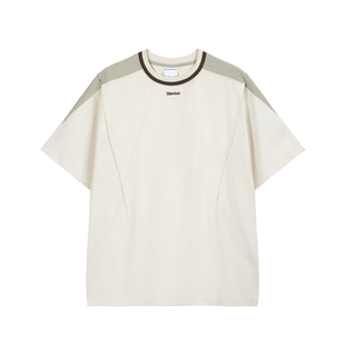 SILENTEX 复古拼接撞色t恤男女刺绣短袖 宽松简约休闲T恤上衣