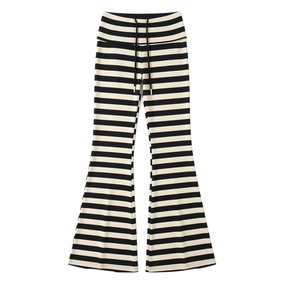 Casual striped micro flare pants休闲高腰抽绳条纹微喇叭裤女款