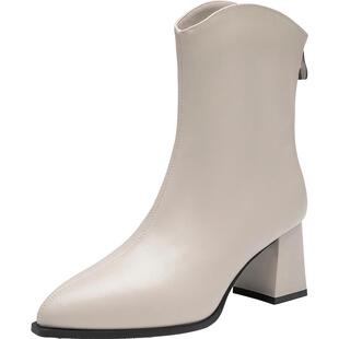 大东时装靴2025年冬季新款简约女鞋粗跟高跟尖头后拉链002380E