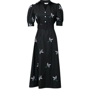 2026夏装新款女装绣花衬衫裙子黑色泡泡袖收腰显瘦连衣裙长裙