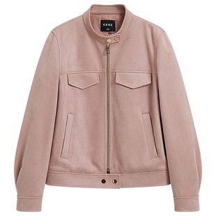 KBNE小个子短款仿麂皮粉色外套女装2026春季新款宽松廓形立领上衣
