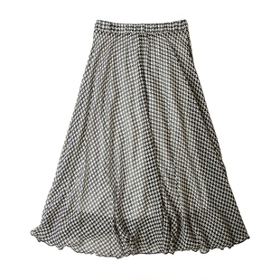 文静典雅 2025春夏新款100%桑蚕丝千鸟格半身裙女A字大摆裙长裙