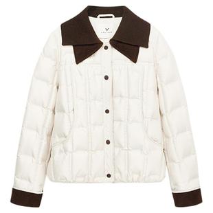 佧茜文撞色翻领羽绒服2025冬季新款时尚廓形针织拼接领口外套