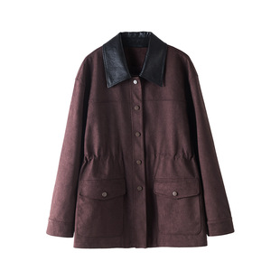 【拼皮翻领麂皮绒外套】忆霏春秋款撞色皮领中长款系带休闲女风衣