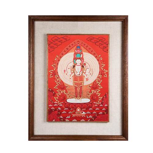 藏村千手观音手绘描金唐卡手工中式客厅挂画装饰画裱玄关壁画