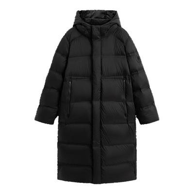 太平鸟男装 冬季羽绒服男宽松长款鹅绒户外工装黑色连帽防寒服