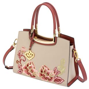 三八节礼物神婷国风包包女大气真皮刺绣妈妈包手提女包新中式婚包