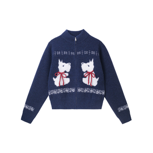 PCMY提花西高地情侣拉链开衫毛衣外套2025秋冬季女士短款针织上衣