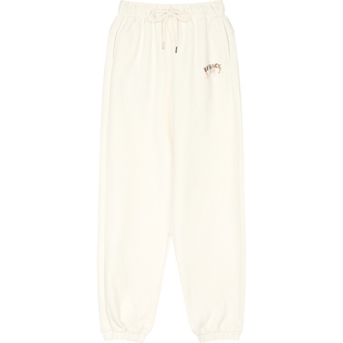 妖精的口袋米白色刺绣休闲束脚运动裤女2025秋新款松弛感加绒裤子