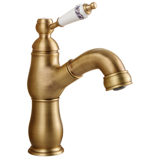 法式复古抽拉式黄铜仿古台上盆水龙头冷热洗脸盆洗手池面盆水龙头