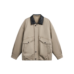 复古巴恩风拼接皮领工装羽绒服男冬季潮宽松保暖90白鸭绒羽绒外套