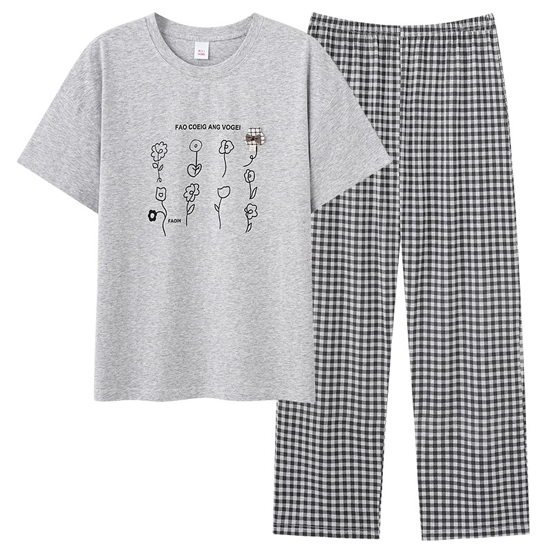 夏季新款纯棉灰色格子长裤睡衣