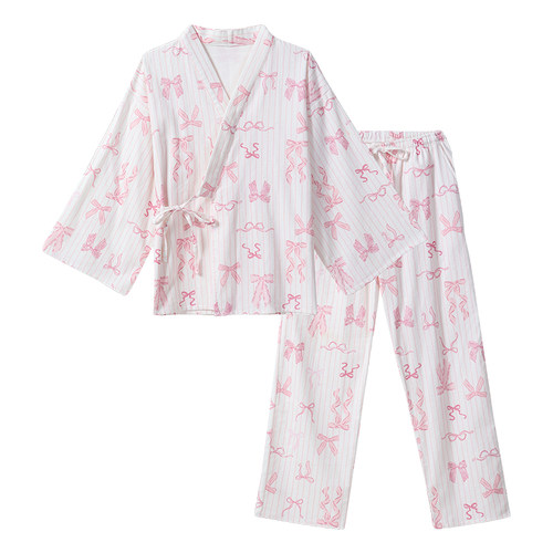 tutuanna秋冬全棉睡衣女磨毛竖条纹蝴蝶结满印长袖和服家居服套装
