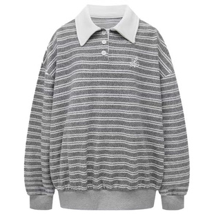 SYMOCOLOR 韩系慵懒灰色条纹POLO领长袖卫衣女秋季宽松百搭上衣潮