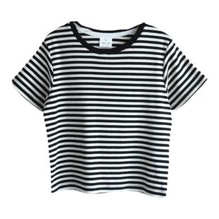 清仓捡漏~夏装~短款~女童童装弹力黑白条螺纹短袖T恤出口韩国品牌