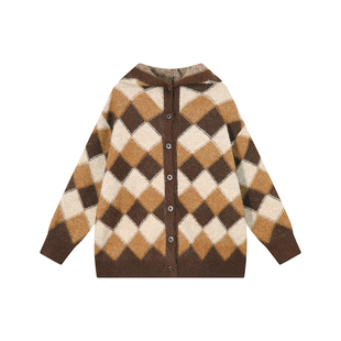 吴童童复古撞色菱格长袖情侣毛衣外套女秋冬韩系宽松显瘦针织上衣