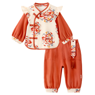 龙喜年周岁女宝宝礼服纯棉a类套装抓周新中式国风秋冬女童拜年服