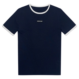 ECHOADE减龄时髦撞色线条设计优雅运动感罗纹针织修身圆领短袖T恤