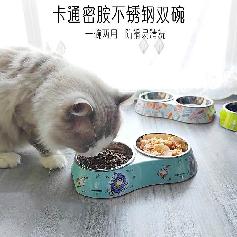 新品 宠物用品卡通密胺不锈钢猫碗狗双碗防滑清洁猫狗狗狗食盆