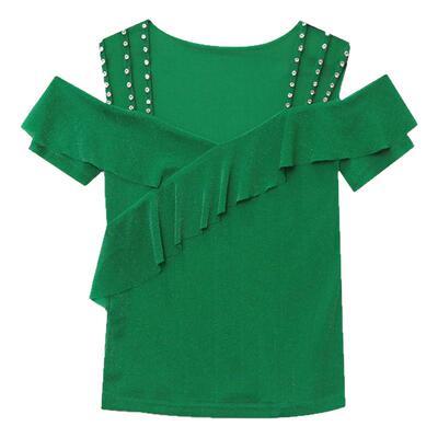 性感露肩短袖时尚荷叶边网纱上衣