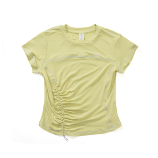 瞬时山野Monterest夏季抗菌纯色抽褶不规则修身羊毛混纺短袖T恤女