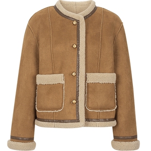 纯色短款仿麂皮羊羔毛外套kbne2025春秋冬新款长袖夹克气质上衣女