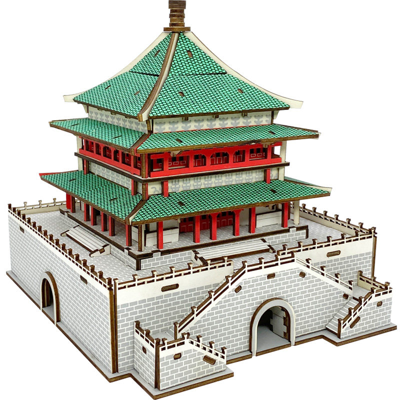 西安钟楼3d立体仿真古建筑拼图手工益智木质拼装模型diy积木玩具