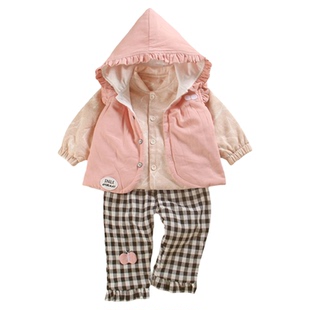 夹棉三个月女宝宝洋气时髦三件套装秋冬分体款小月龄婴儿衣服外穿