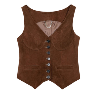 小众设计春季紧身骑士反绒山羊皮马夹短款外穿内搭V领真皮背心女