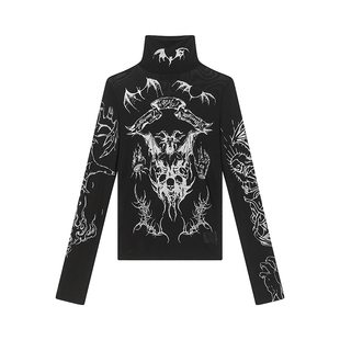 VE2 小众图腾刺青网纱长袖T恤男女弹力修身哥特亚比透视内搭上衣