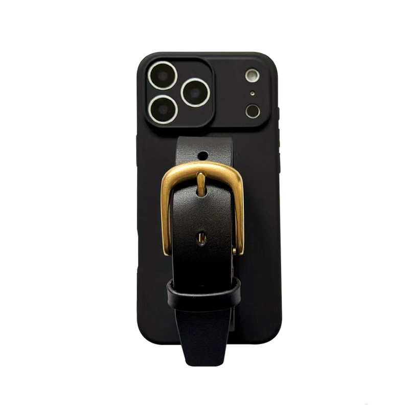 戚薇同款苹果17promax系列保护套牛皮腕带手机壳适用iphone16promax防摔苹果15全包明星设计感黑色极简软